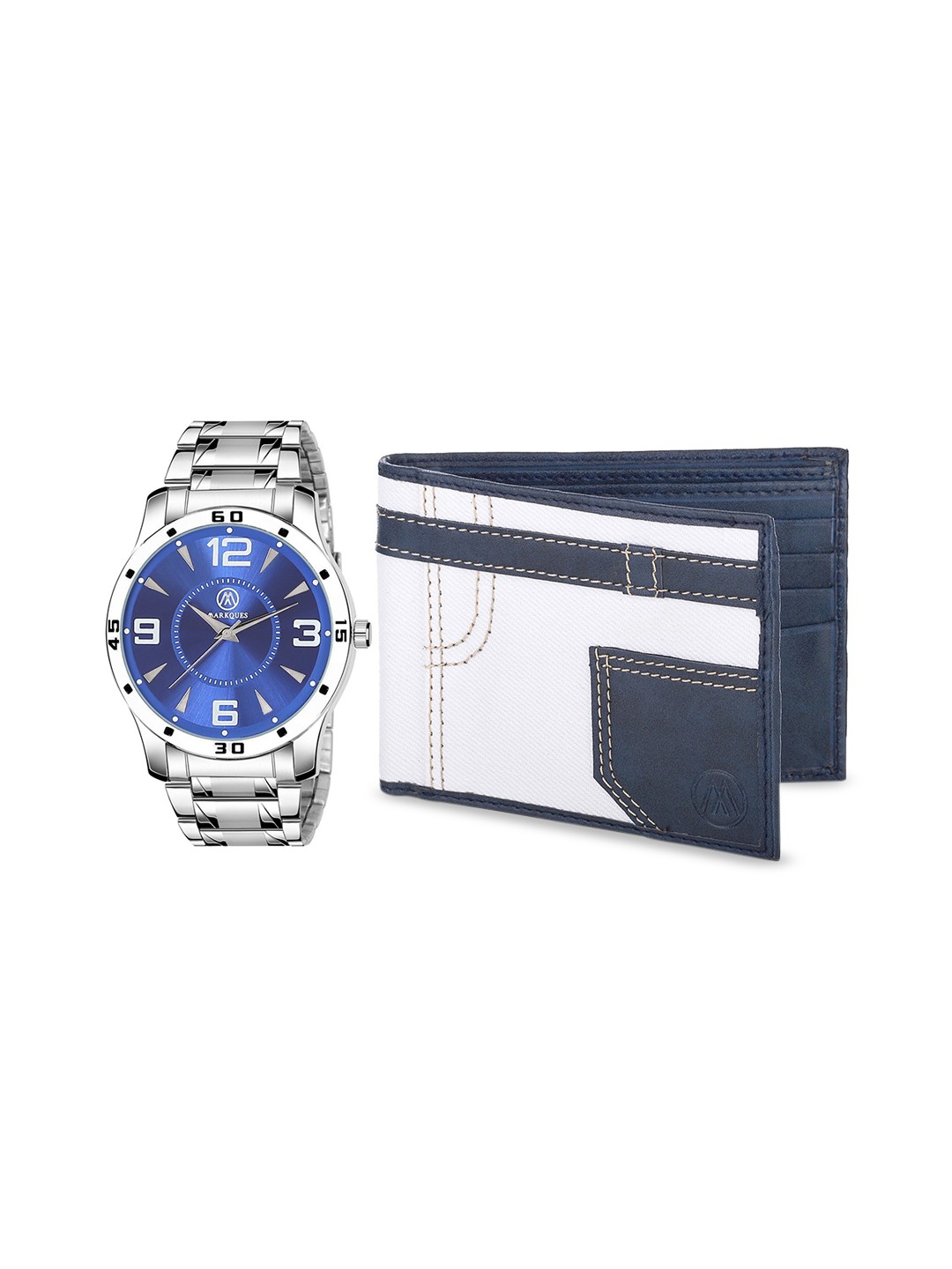 

MARKQUES Men Silver coloured & Navy Blue Textured Leather Accessory Gift Set
