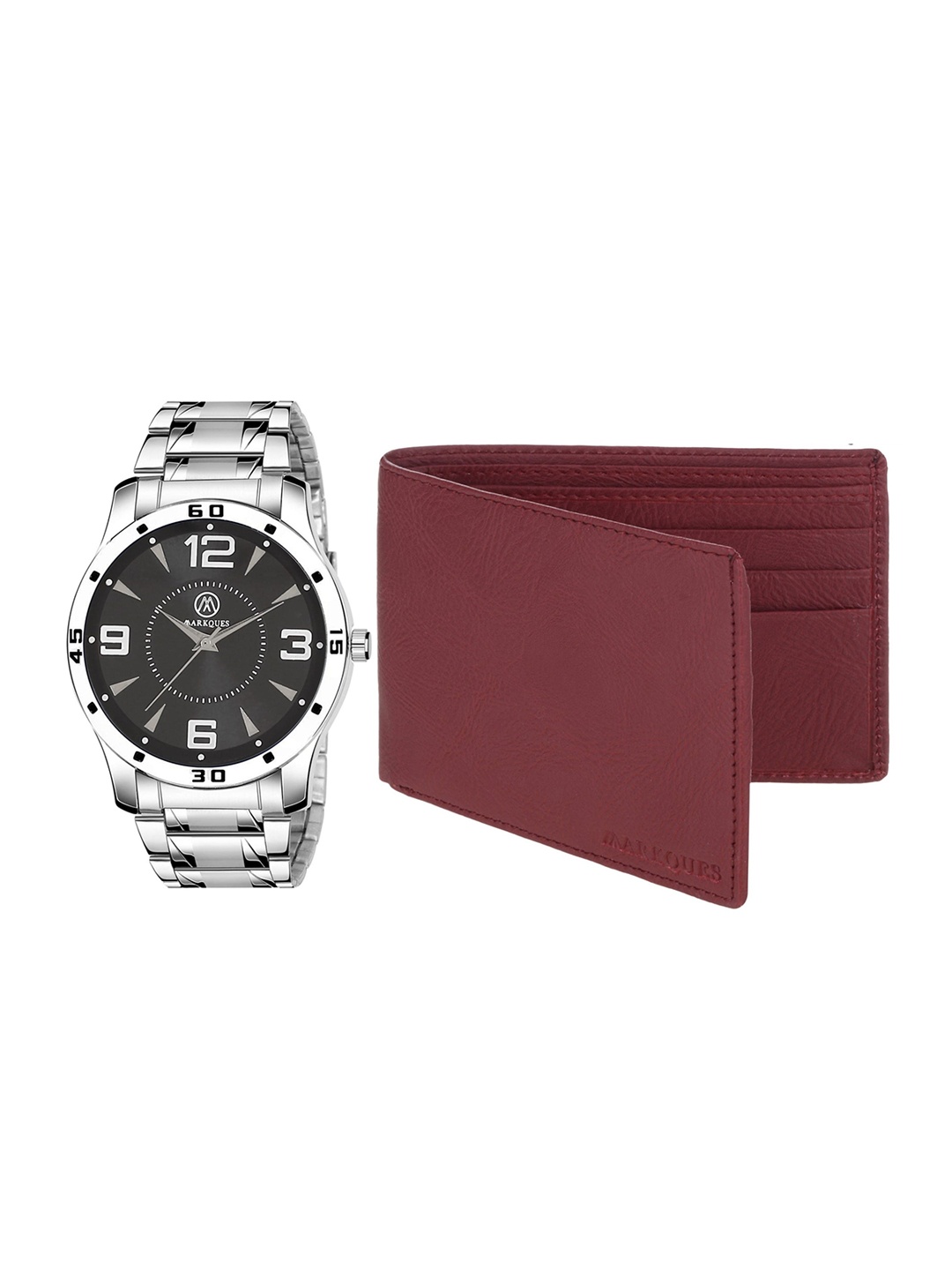 

MARKQUES Men Silver Toned & Maroon Watch & Leather Wallet Accessory Gift Set