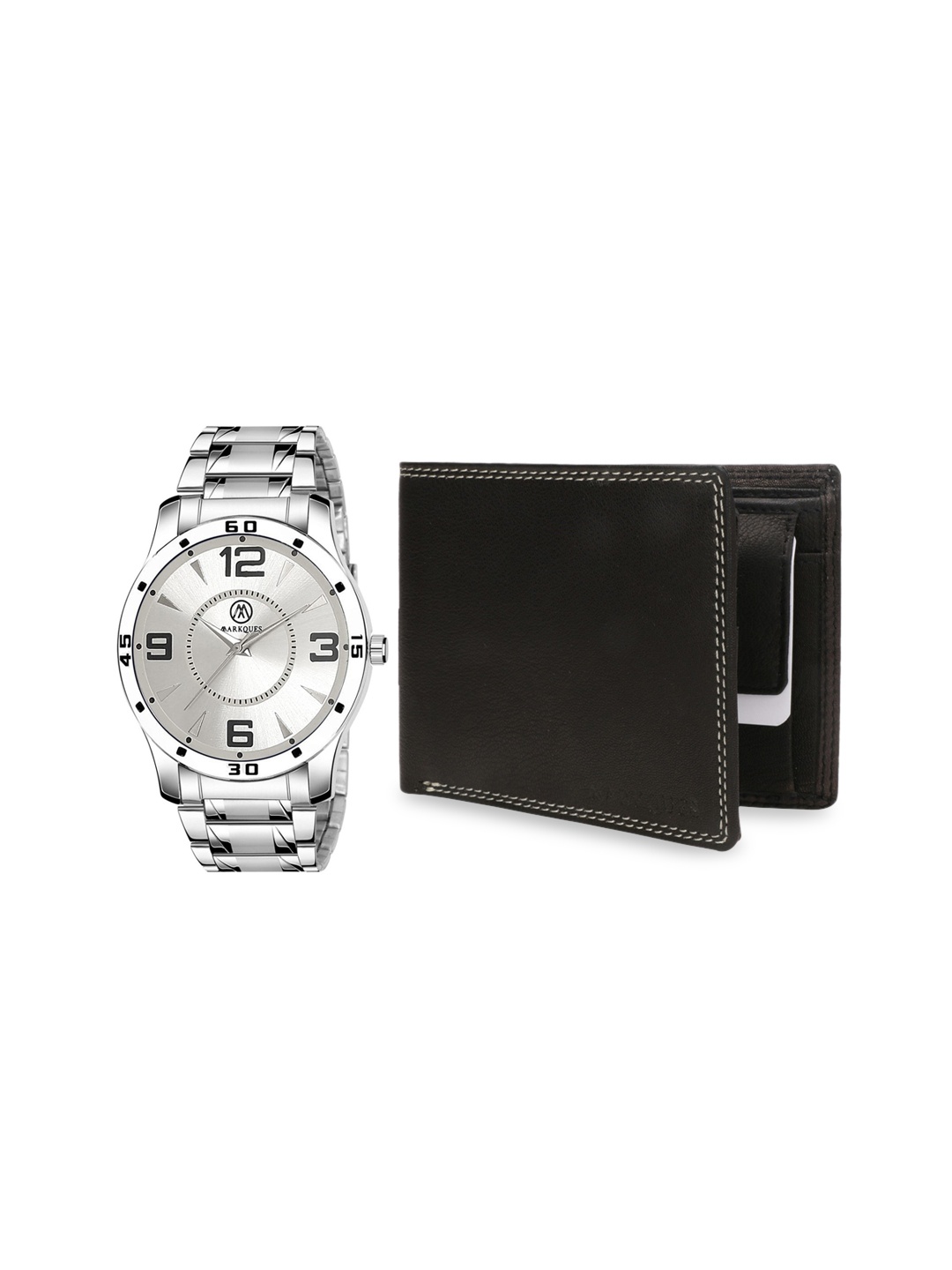 

MARKQUES Men Silver Toned & Black Analouge Watch & Wallet Combo Set