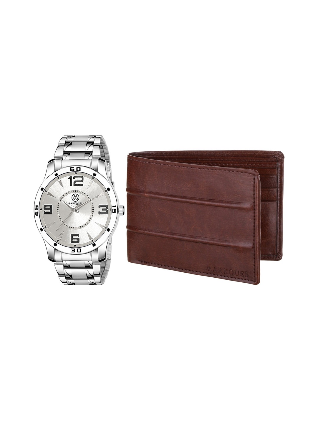 

MARKQUES Men Silver Toned & Brown Watch And Leather Wallet Accessory Gift Set