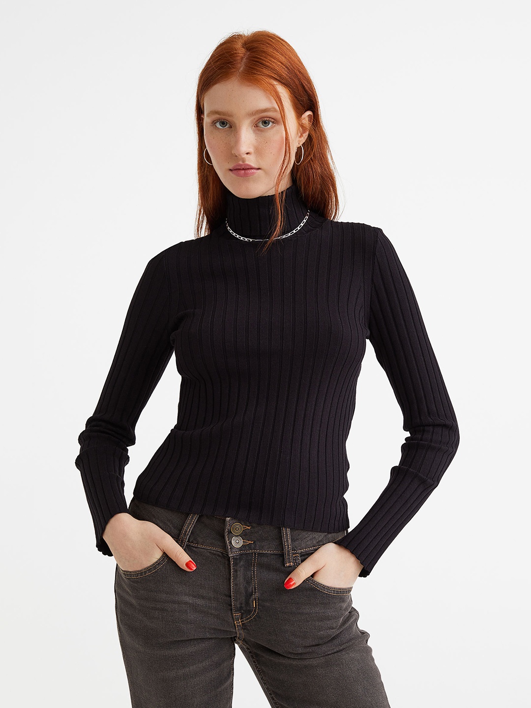 

H&M Women Black Rib-Knit Polo-Neck Top