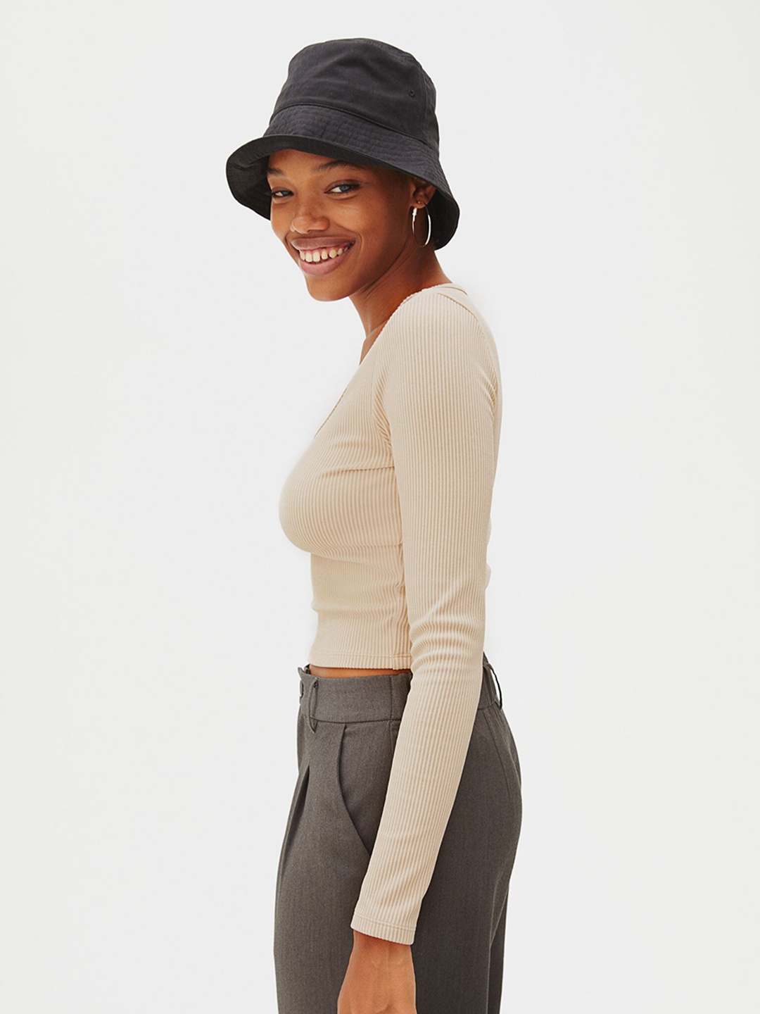 

H&M Women Beige Ribbed Jersey Top