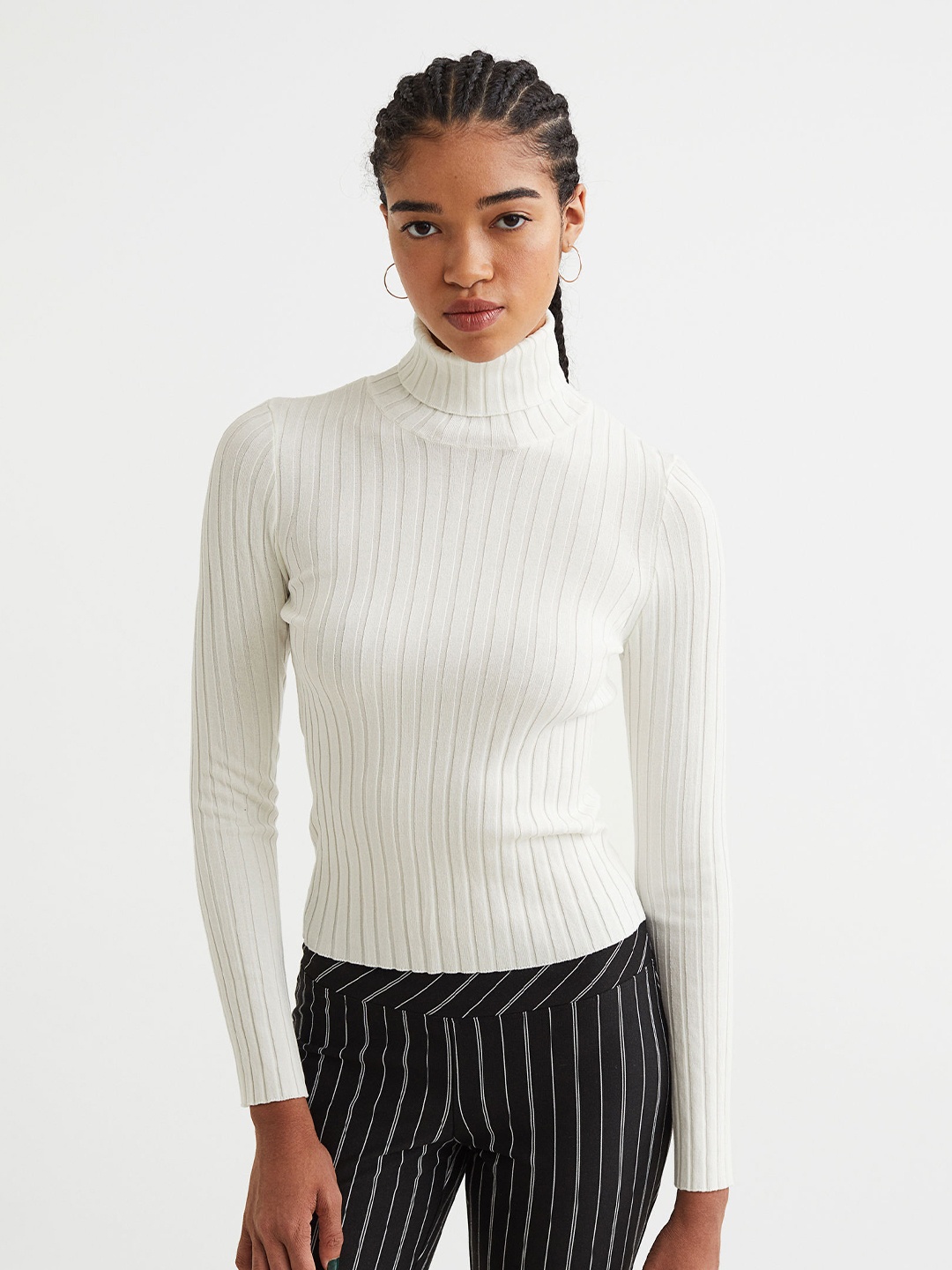 

H&M Women White Rib-Knit Polo-Neck Top