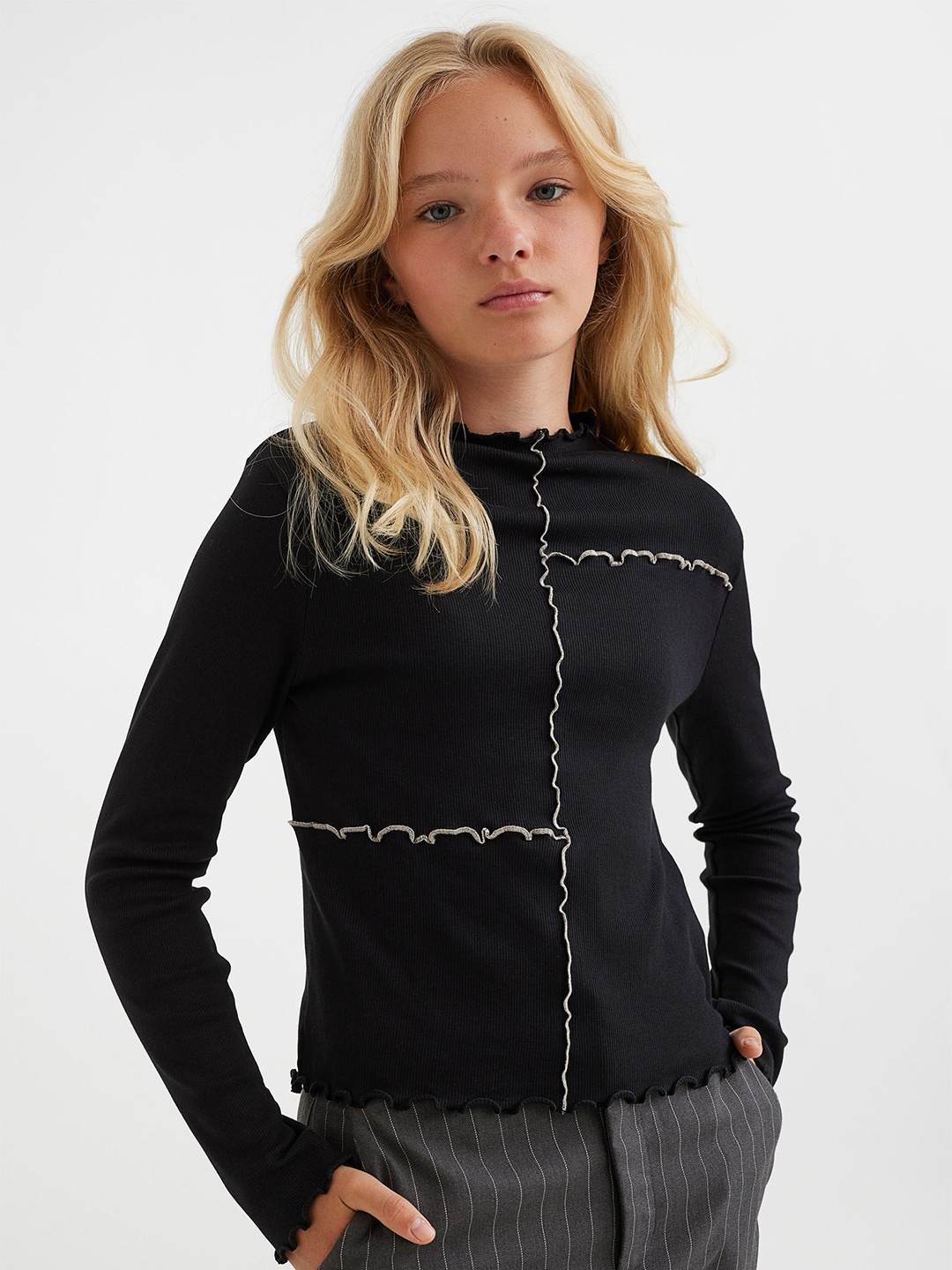 

H&M Women Black Long-Sleeved Ribbed Top