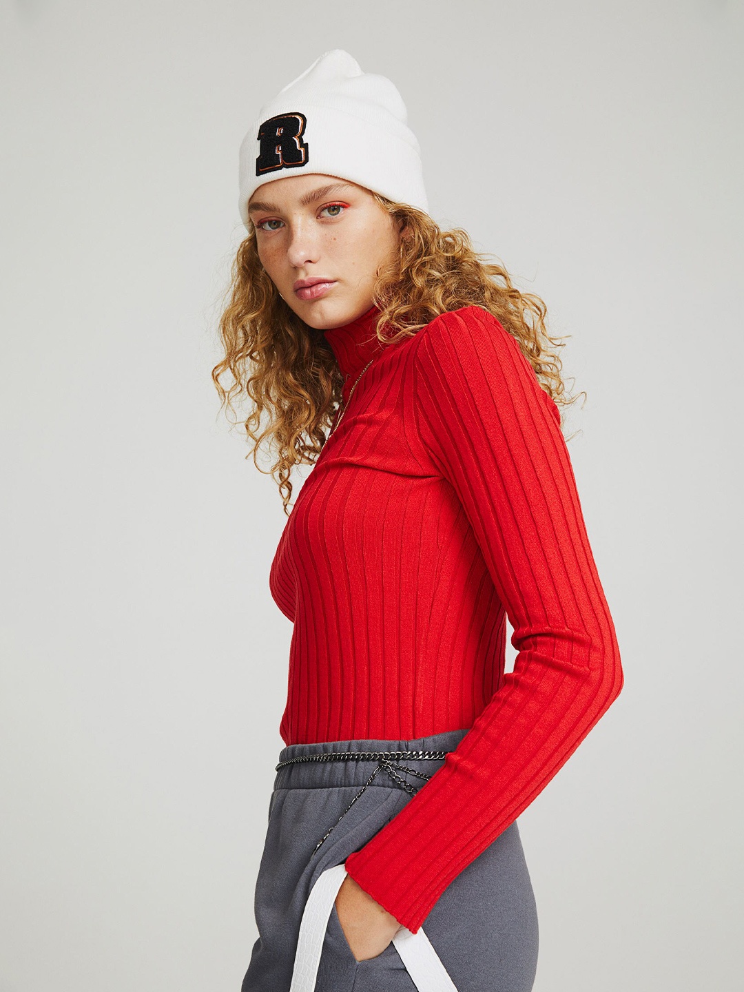 

H&M Women Red Rib-Knit Polo-Neck Top
