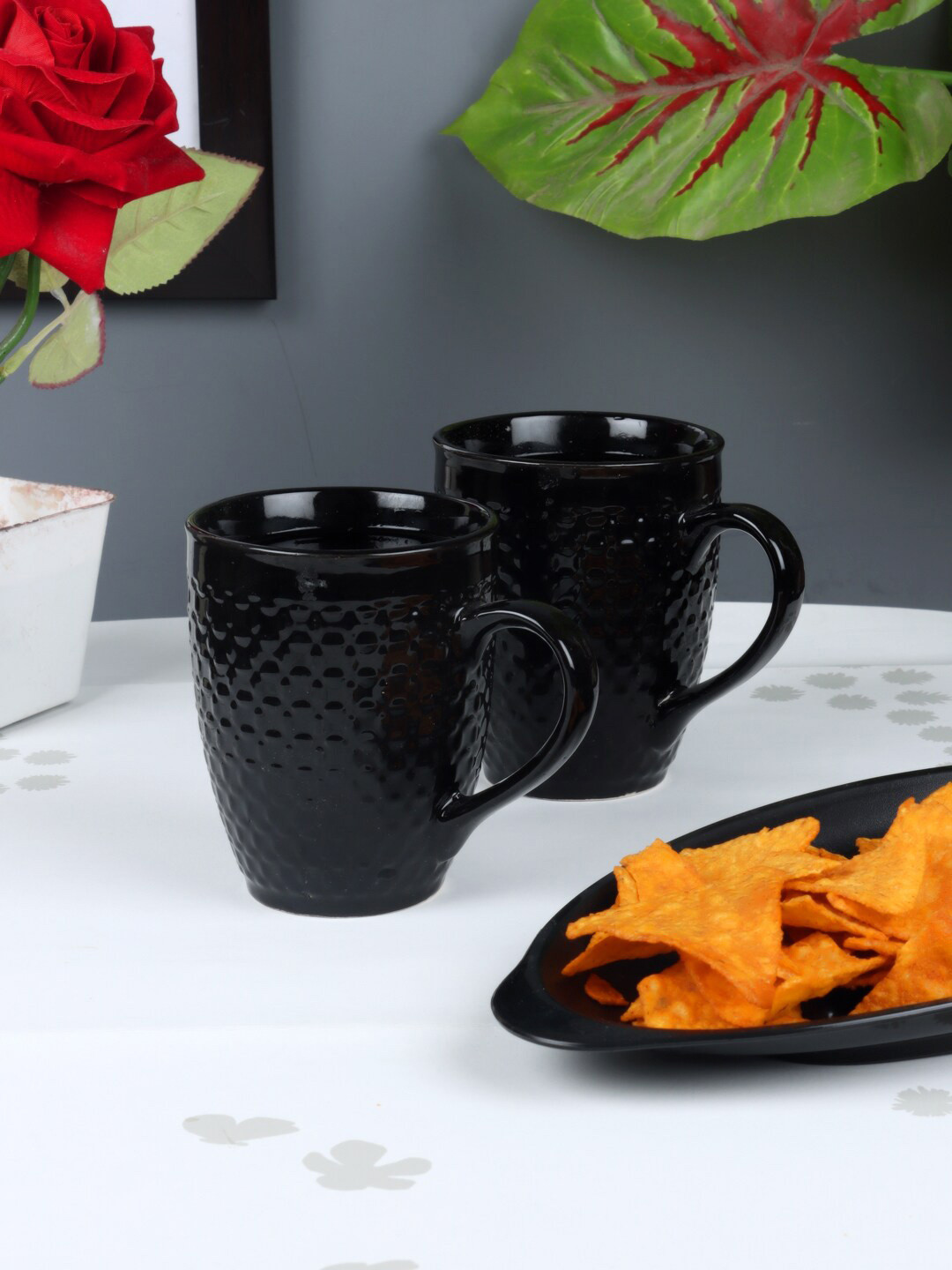 

CDI Black Set of 6 Dishwasher And Microwave Safe Textured Ceramic Glossy Mugs 250 ML Each