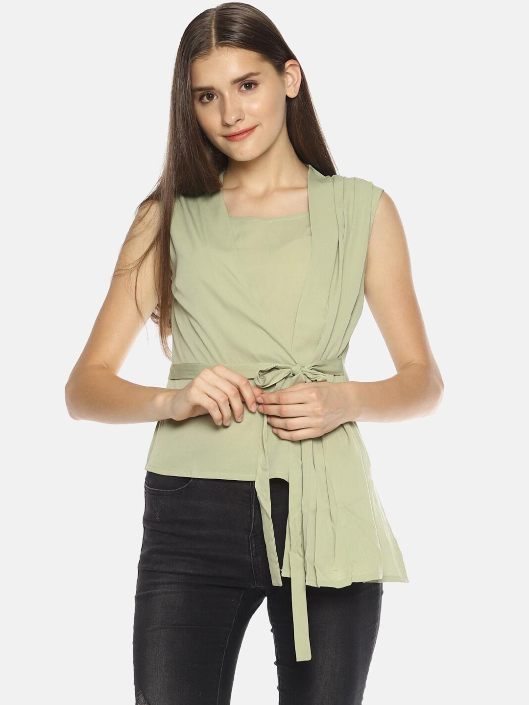 

SAHORA Women Green Solid Crepe Wrap Top