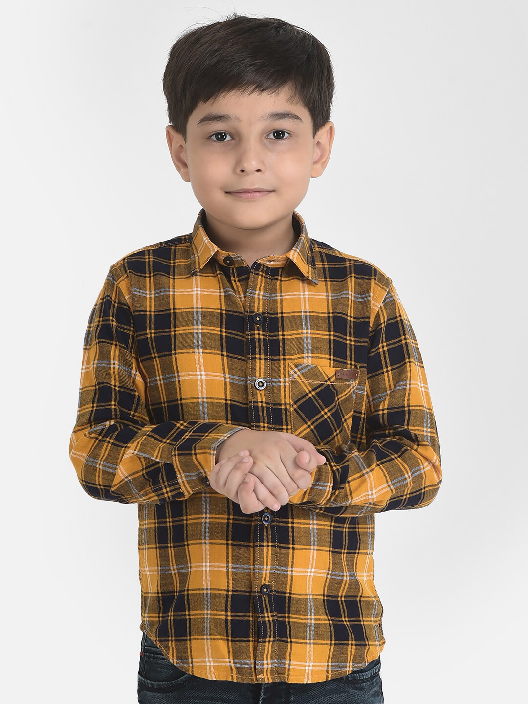 

Crimsoune Club Boys Mustard & Black Slim Fit Tartan Checked Pure Cotton Casual Shirt