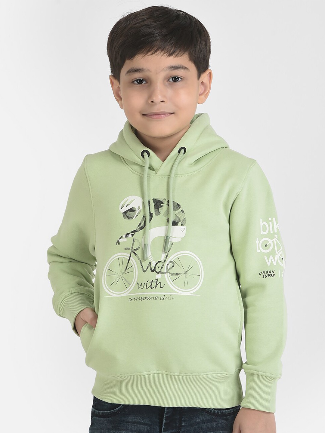 

Crimsoune Club Boys Green Graphic Printed Hooded Sweatshirt