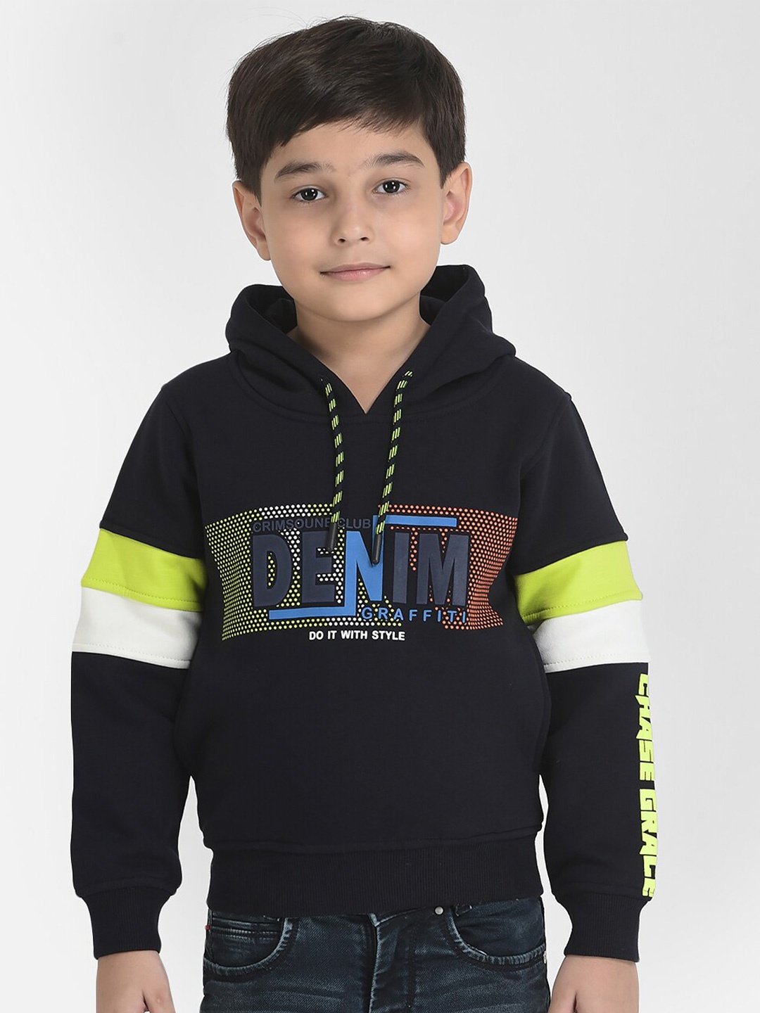 

Crimsoune Club Boys Navy Blue Graphic Printed Hooded Sweatshirt