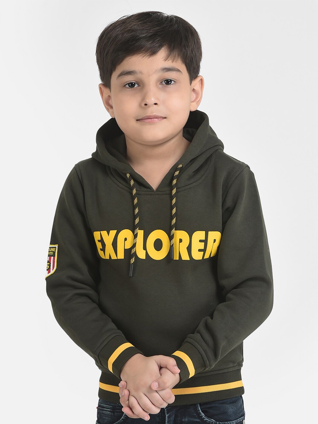 

Crimsoune Club Boys Olive Green Explorer Printed Hooded Sweatshirt
