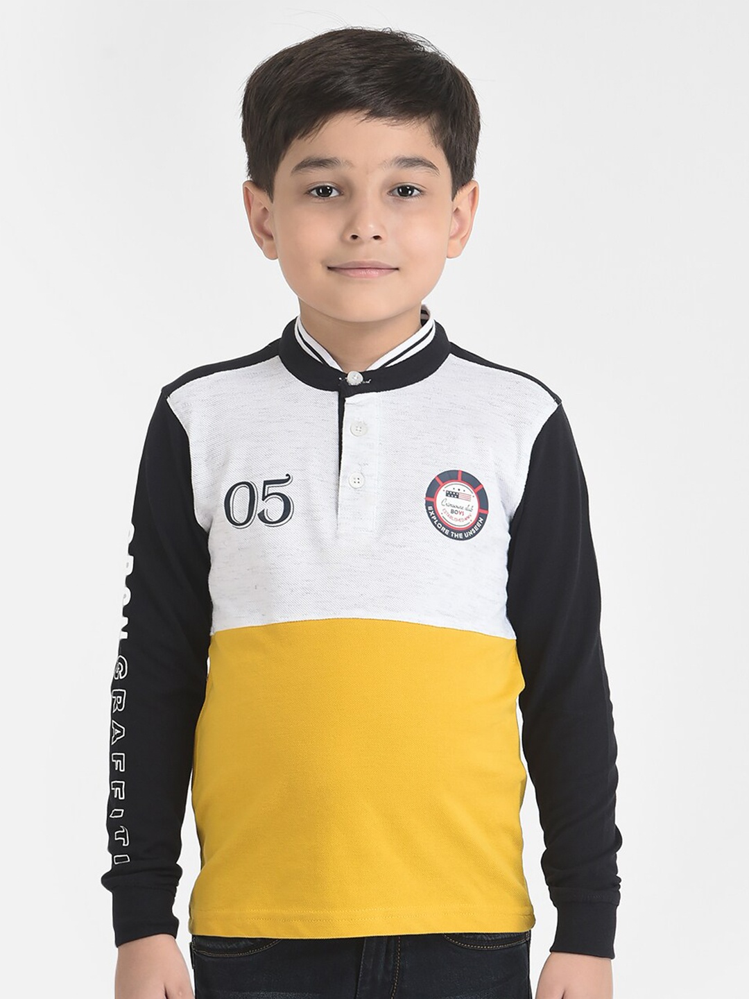 

Crimsoune Club Boys White & Yellow Colourblocked Henley Neck Pure Cotton T-shirt