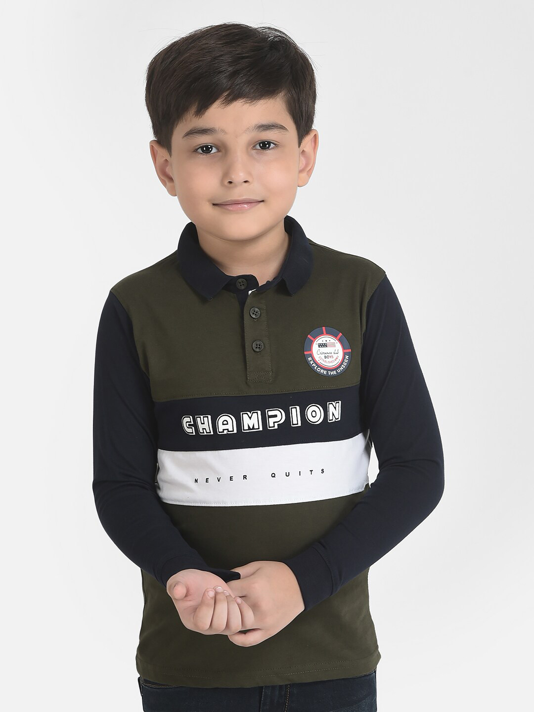 

Crimsoune Club Boys Olive Green Typography Printed Polo Collar Applique T-shirt