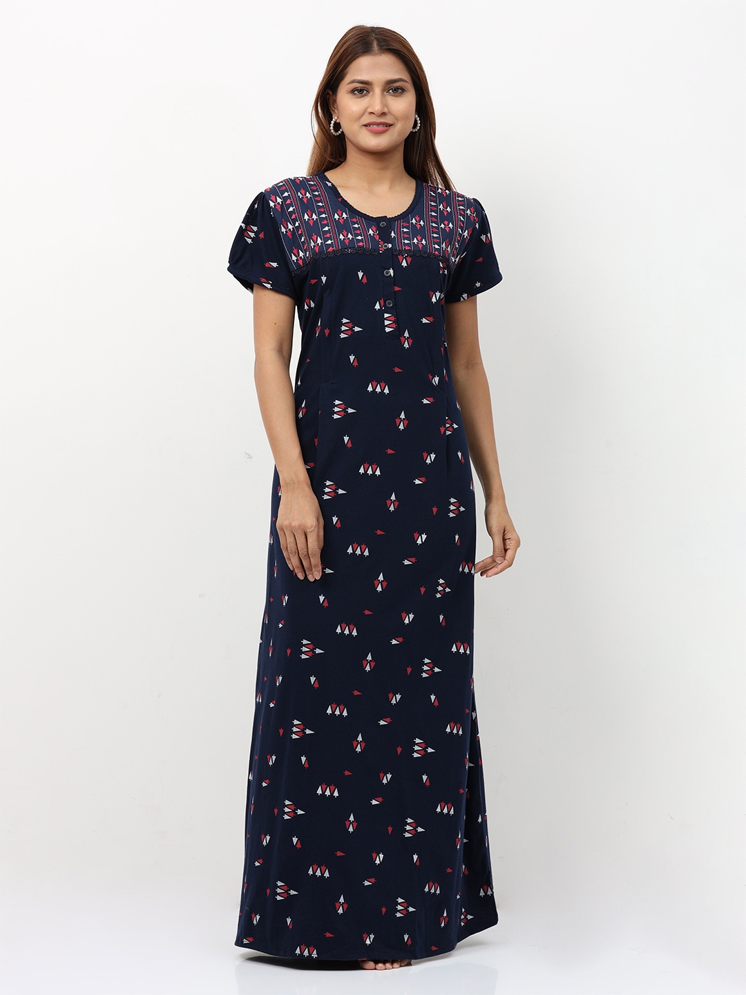 

9shines Label Blue Printed 100% Hosiery Cotton Maxi Nightdress