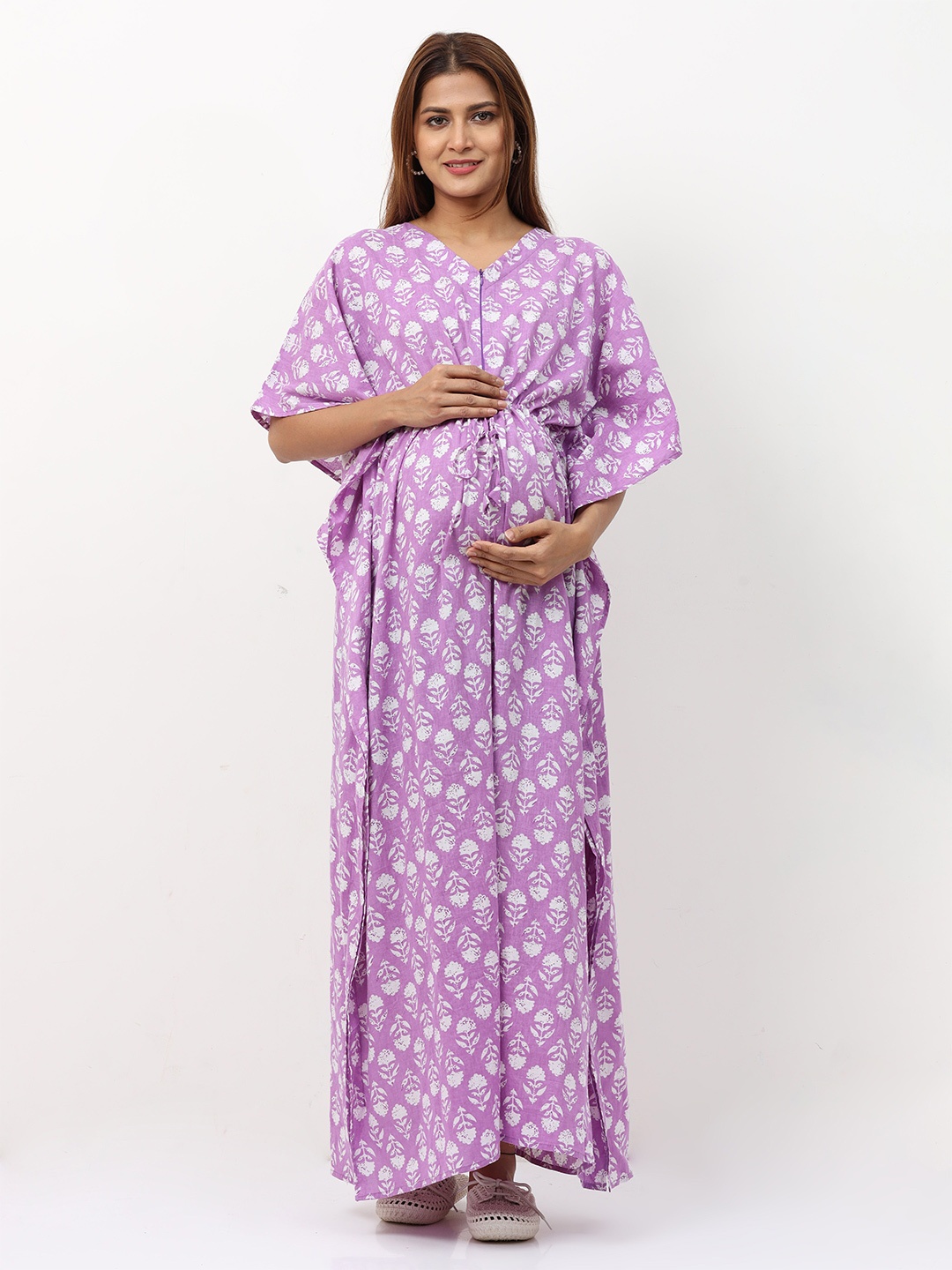 

9shines Label Women's Lavender Printed Maternity Pure Cotton Kaftan Nightdress