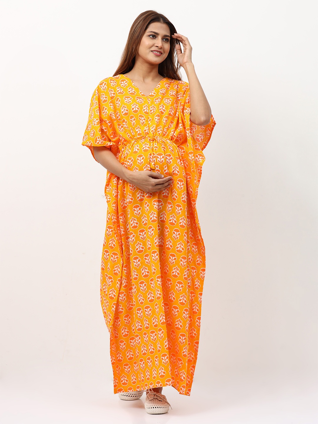 

9shines Label Mustard Yellow & Pink Printed Pure Cotton Maternity Maxi Nightdress
