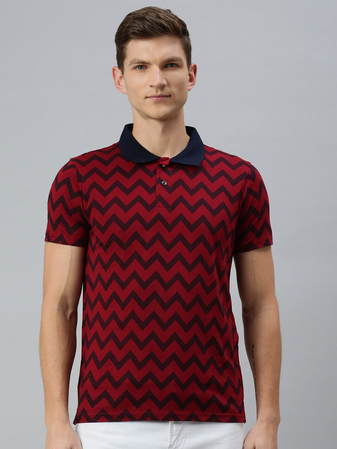 

Kryptic Men Maroon Printed Cotton Polo Collar T-shirt