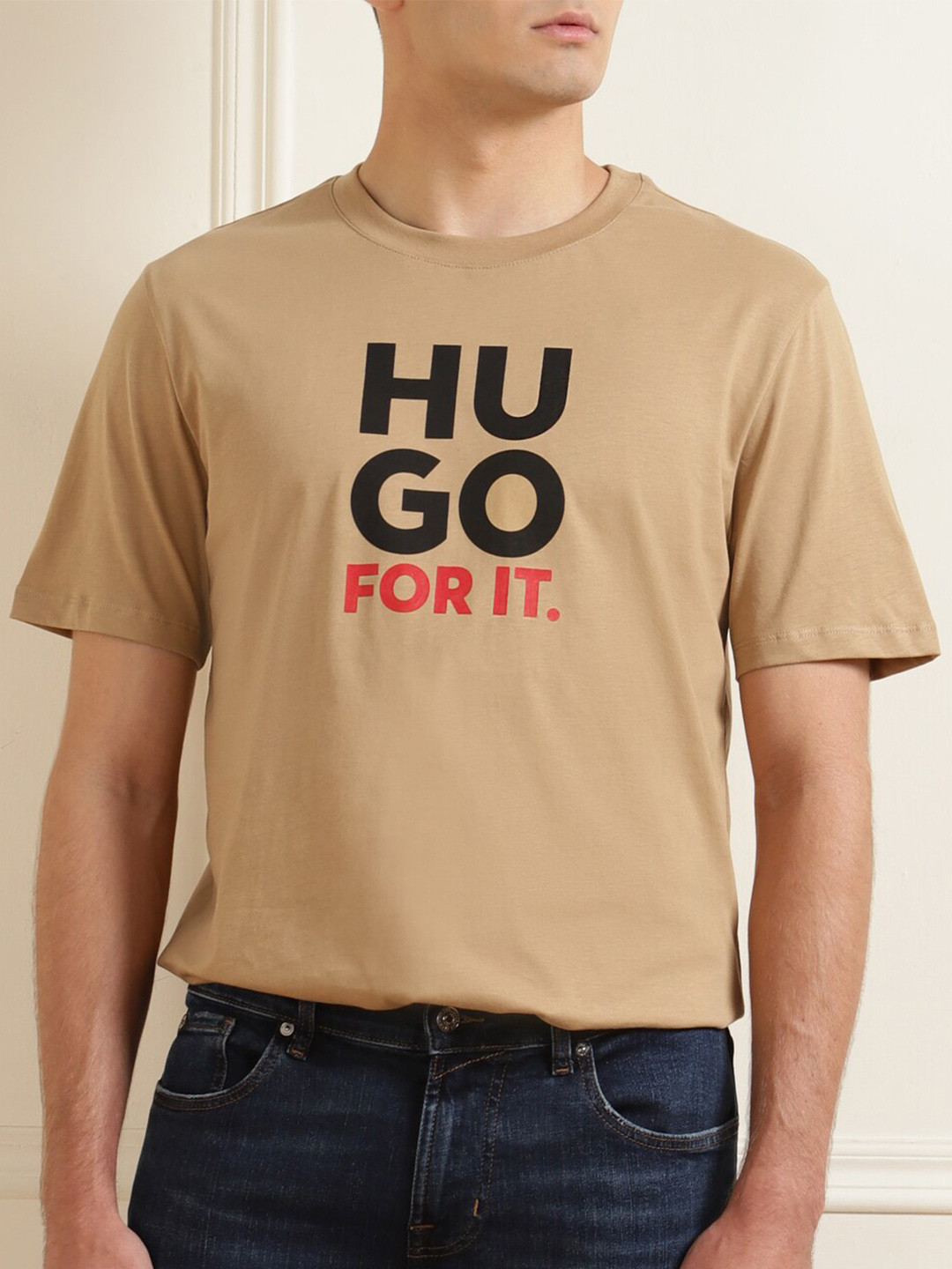 

HUGO Men Brown & Black Pure Cotton Printed T-shirt
