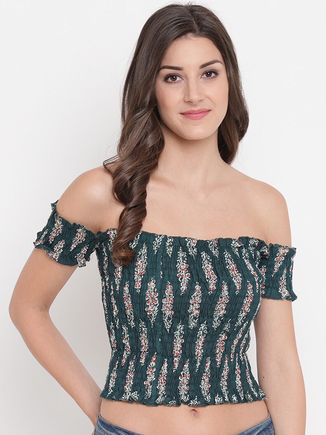 

Aawari Green & Beige Printed Off-Shoulder Smocked Bardot Crop Top