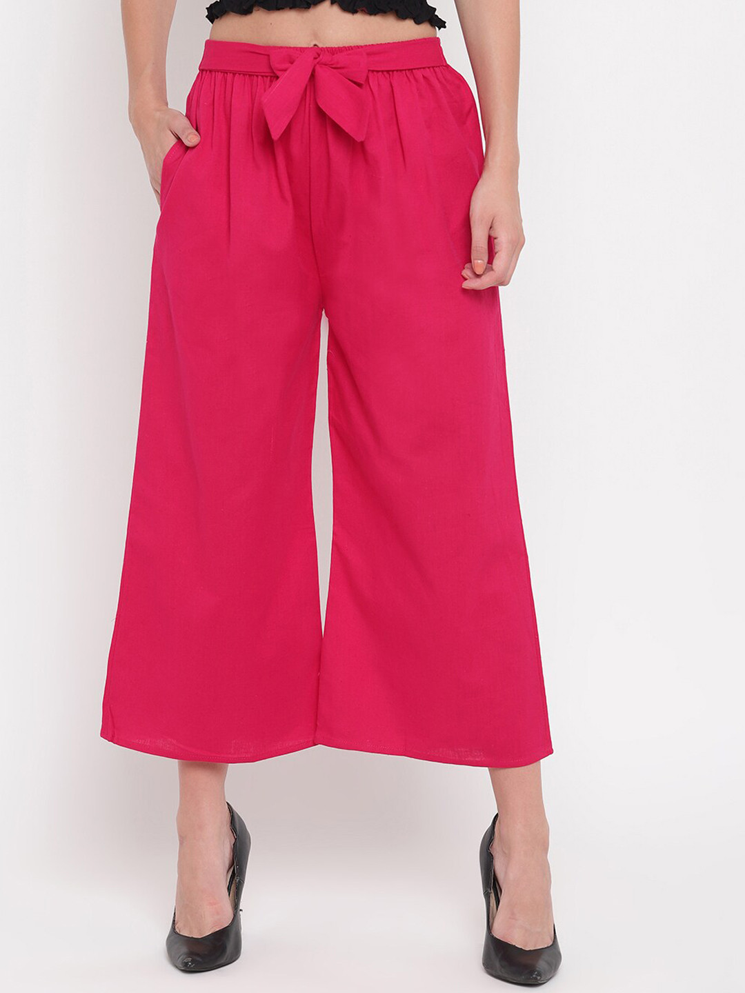 

Aawari Women Pink High-Rise Pleated Cotton Culottes Trousers