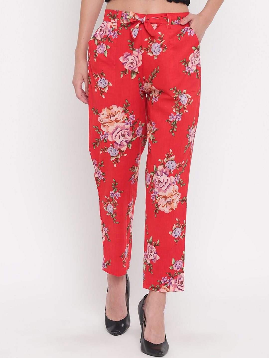 

Aawari Women Coral Floral Printed High-Rise Trousers