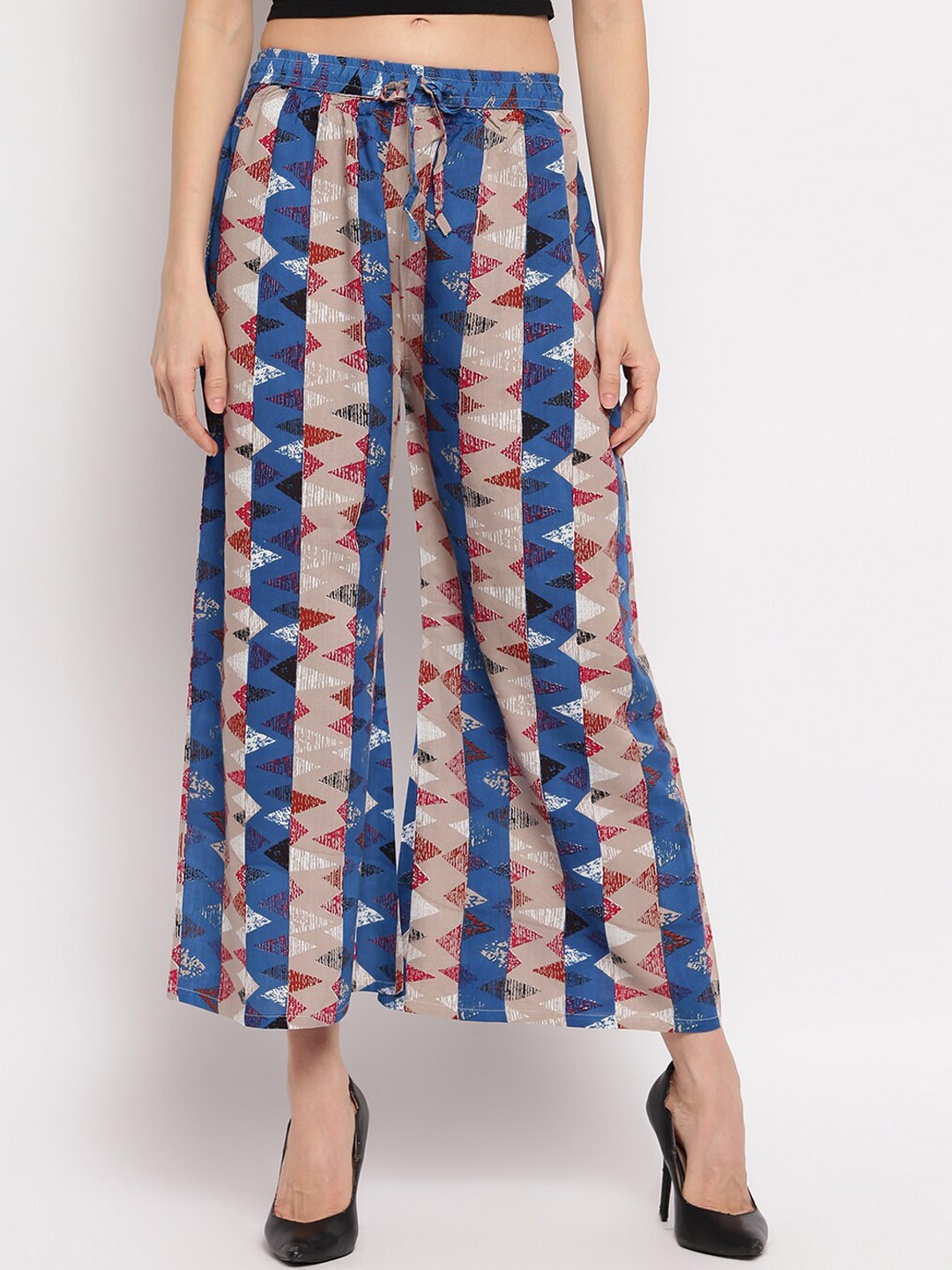 

Aawari Women Blue Printed High-Rise Pleated Parallel Trousers