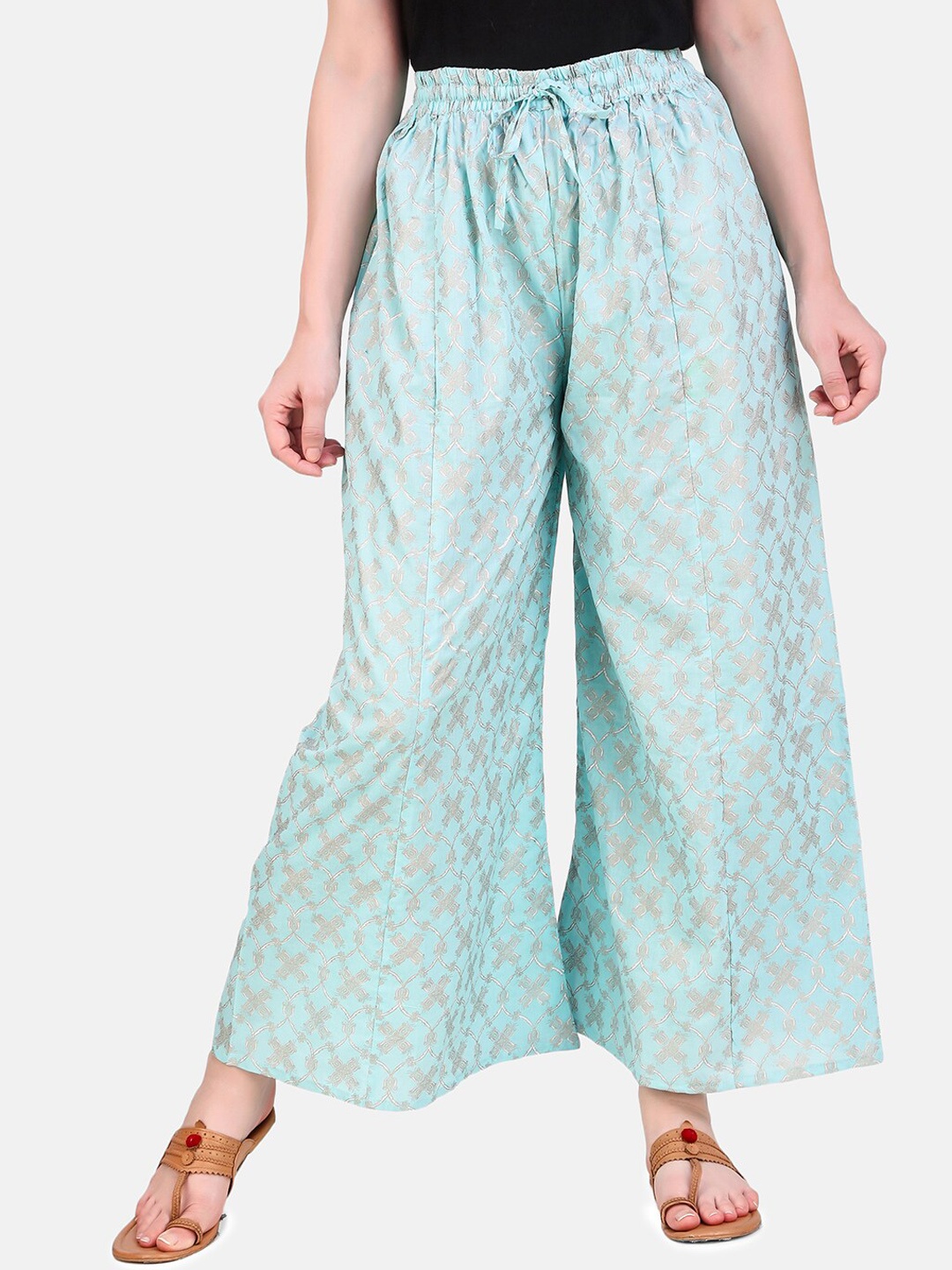 

Aawari Women Sea Green Floral Printed High-Rise Parallel Trousers