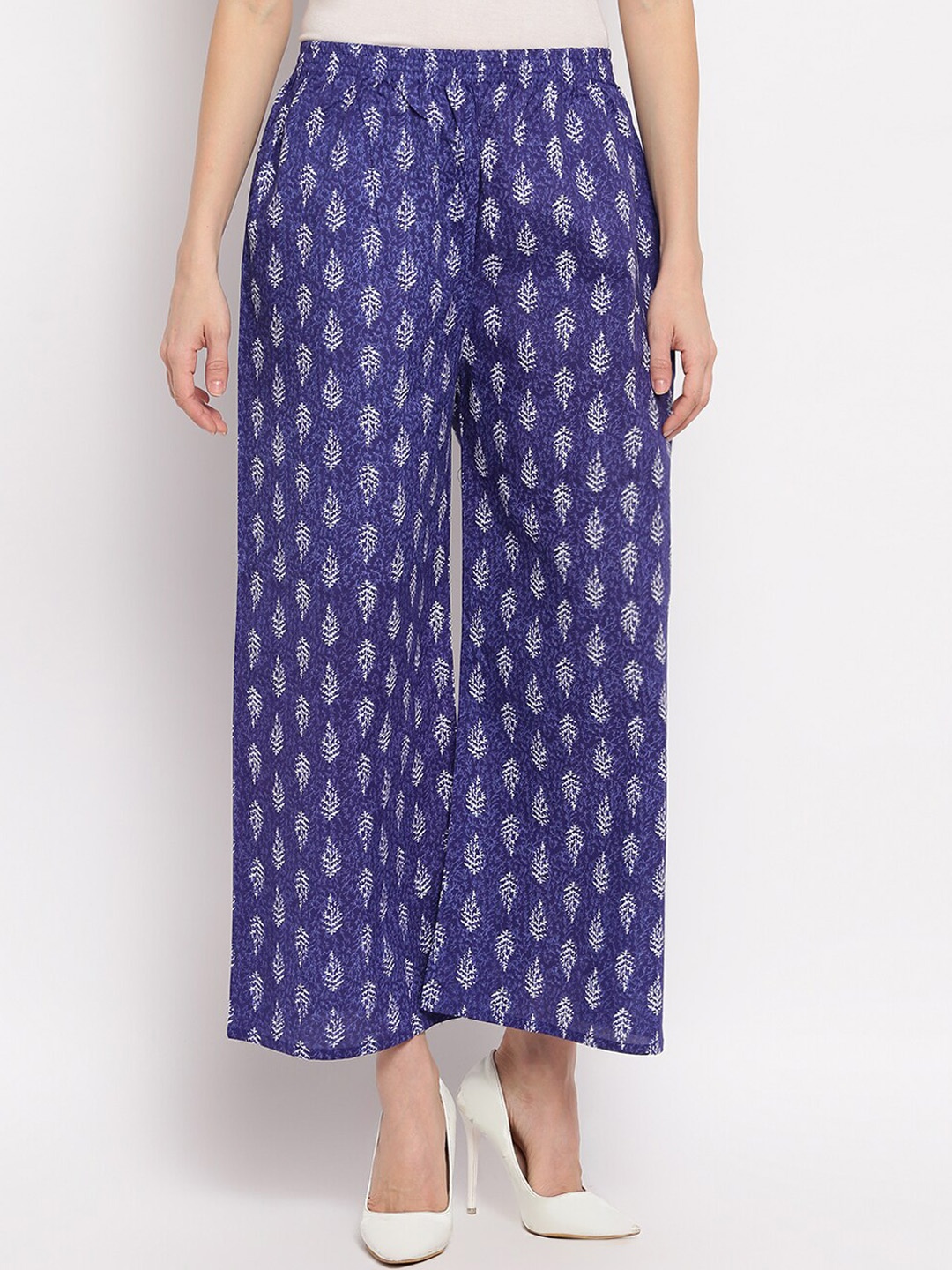 

Aawari Women Blue Ethnic Motifs Printed High-Rise Pleated Parallel Trousers