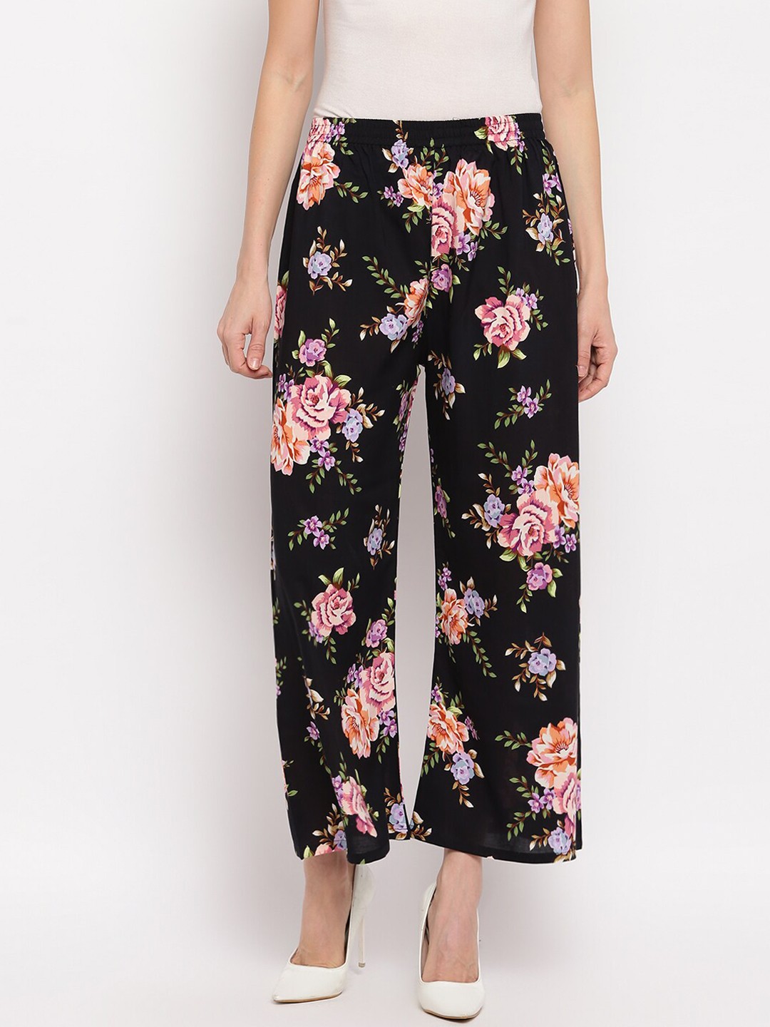 

Aawari Women Black Floral Printed High-Rise Parallel Pleated Trousers