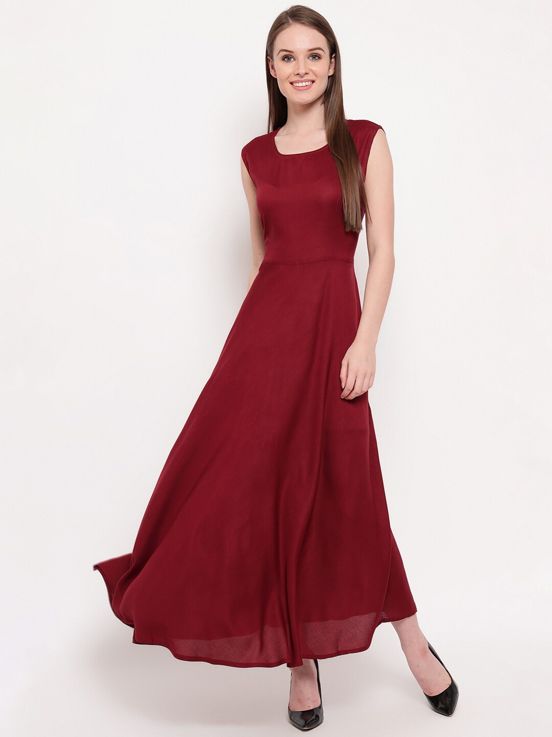

Aawari Women Maroon Solid Maxi Flared Dress