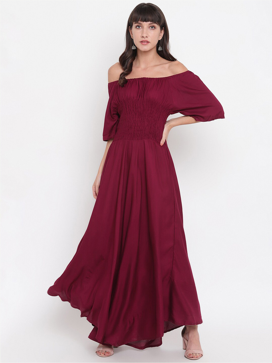 

Aawari Women Maroon Solid Off-Shoulder Maxi Dress
