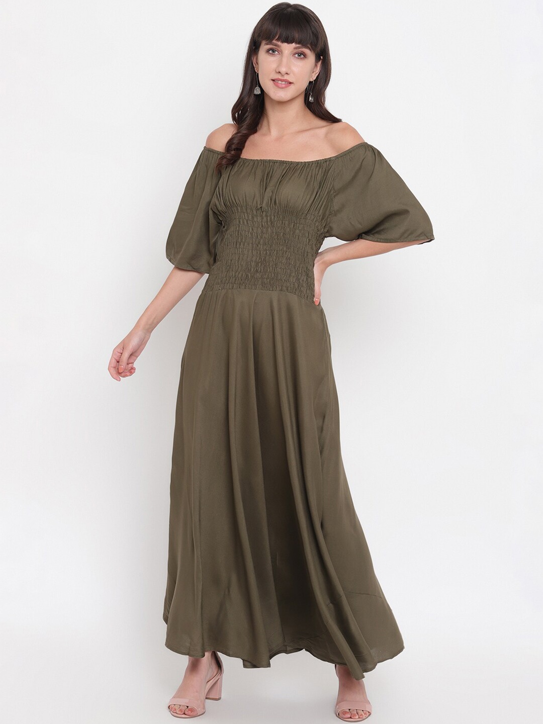 

Aawari Women Olive Green Off-Shoulder Maxi Viscose Rayon Dress