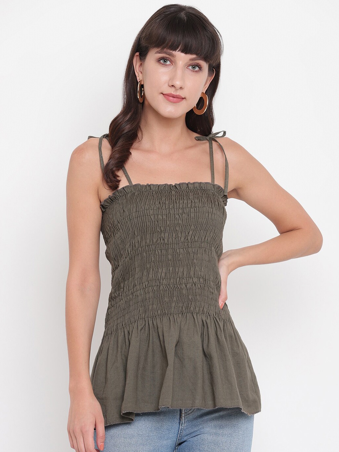 

Aawari Olive Green Smocked Peplum Top