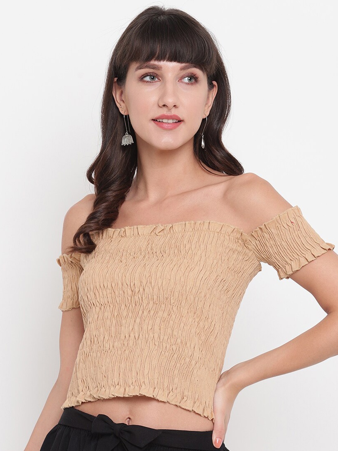 

Aawari Beige Off-Shoulder Smocked Bardot Crop Top