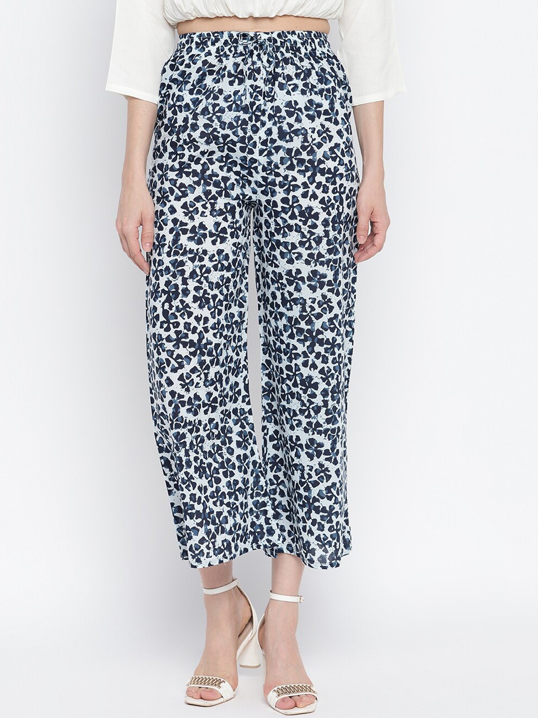 

Aawari Women White Floral Printed High-Rise Pleated Trousers