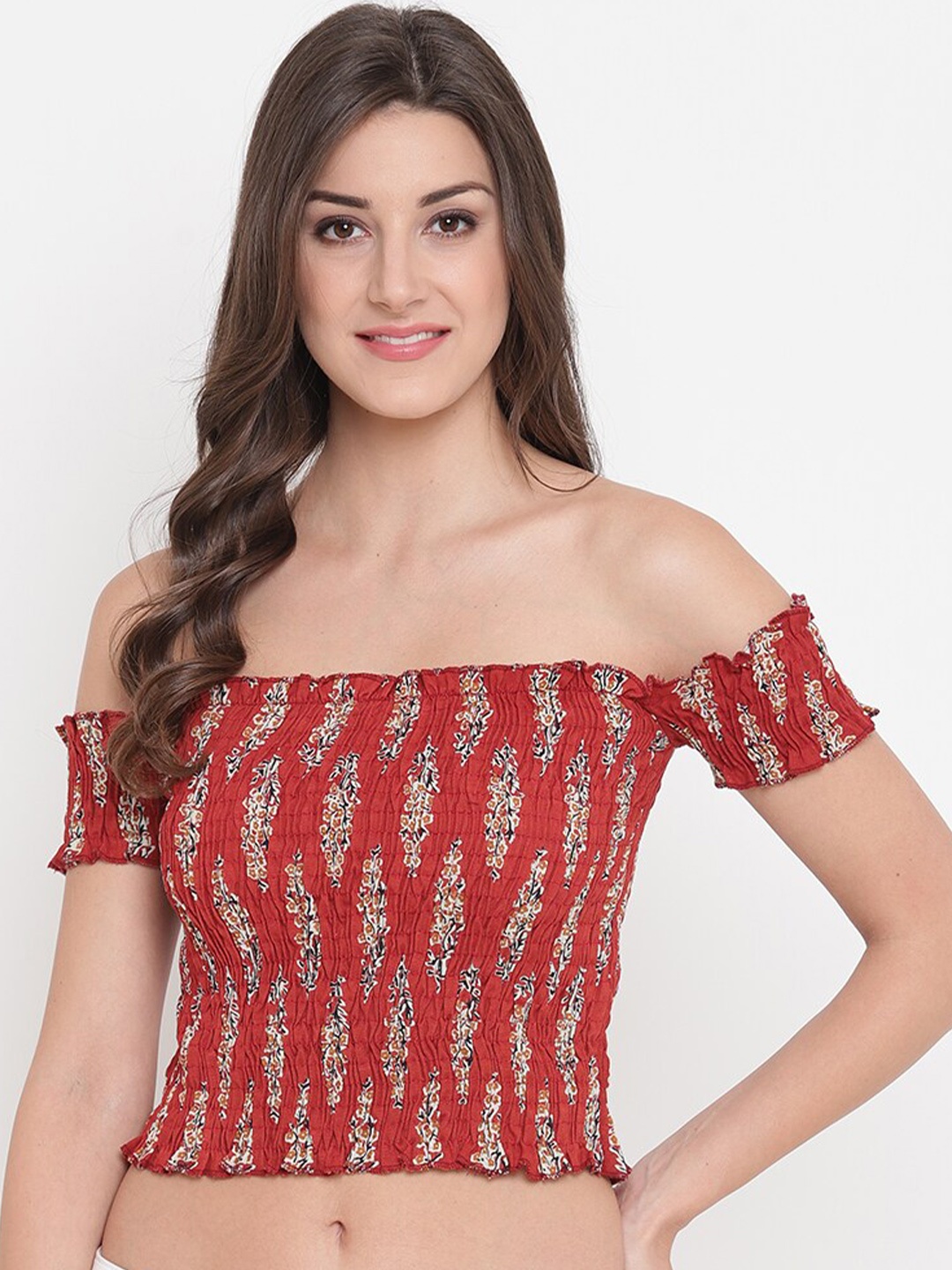 

Aawari Red & Beige Floral Printed Off-Shoulder Smocked Bardot Crop Top