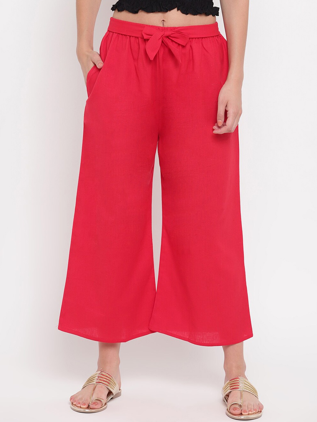 

Aawari Women Red Cotton Solid High-Rise Pleated Trousers