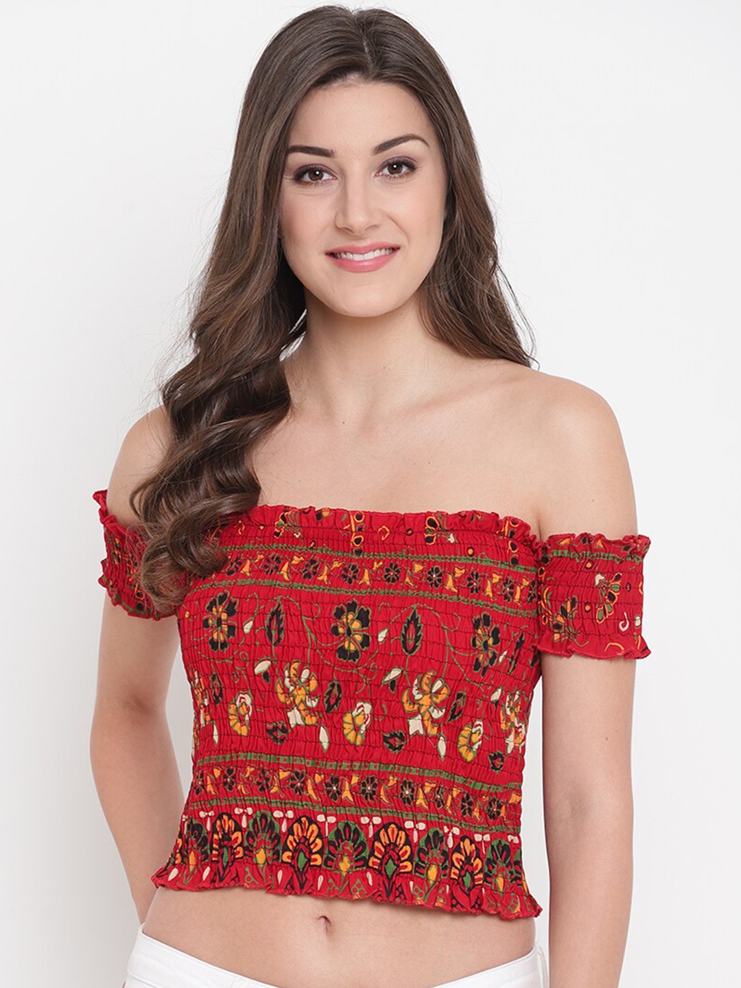

Aawari Red & Black Printed Off-Shoulder Smocked Bardot Crop Top
