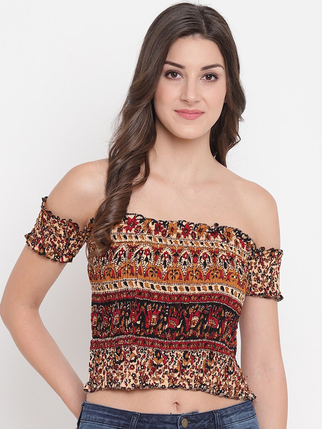 

Aawari Beige & Red Printed Off-Shoulder Smocked Bardot Crop Top