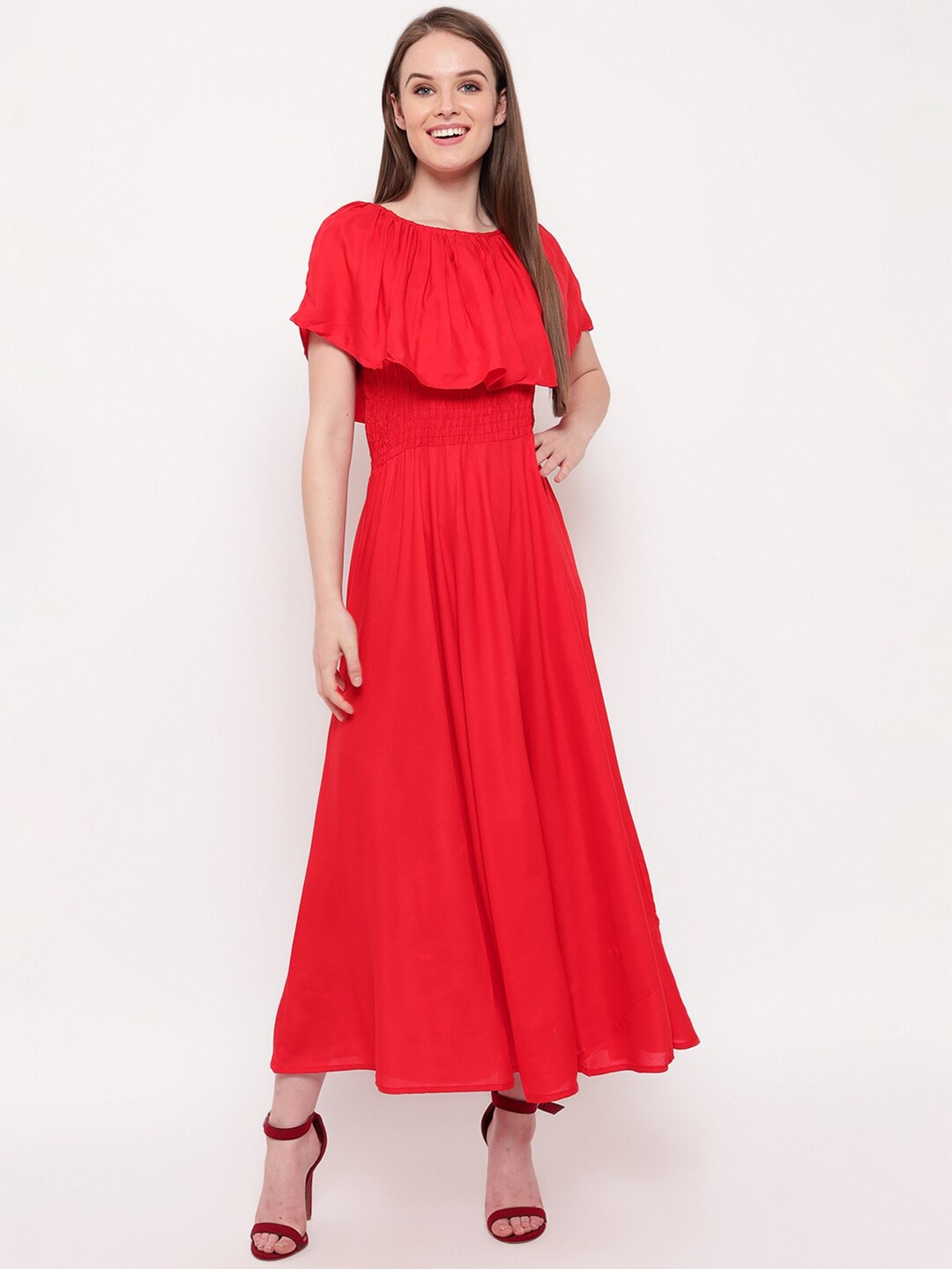 

Aawari Women Red solid Round Neck Maxi Dress