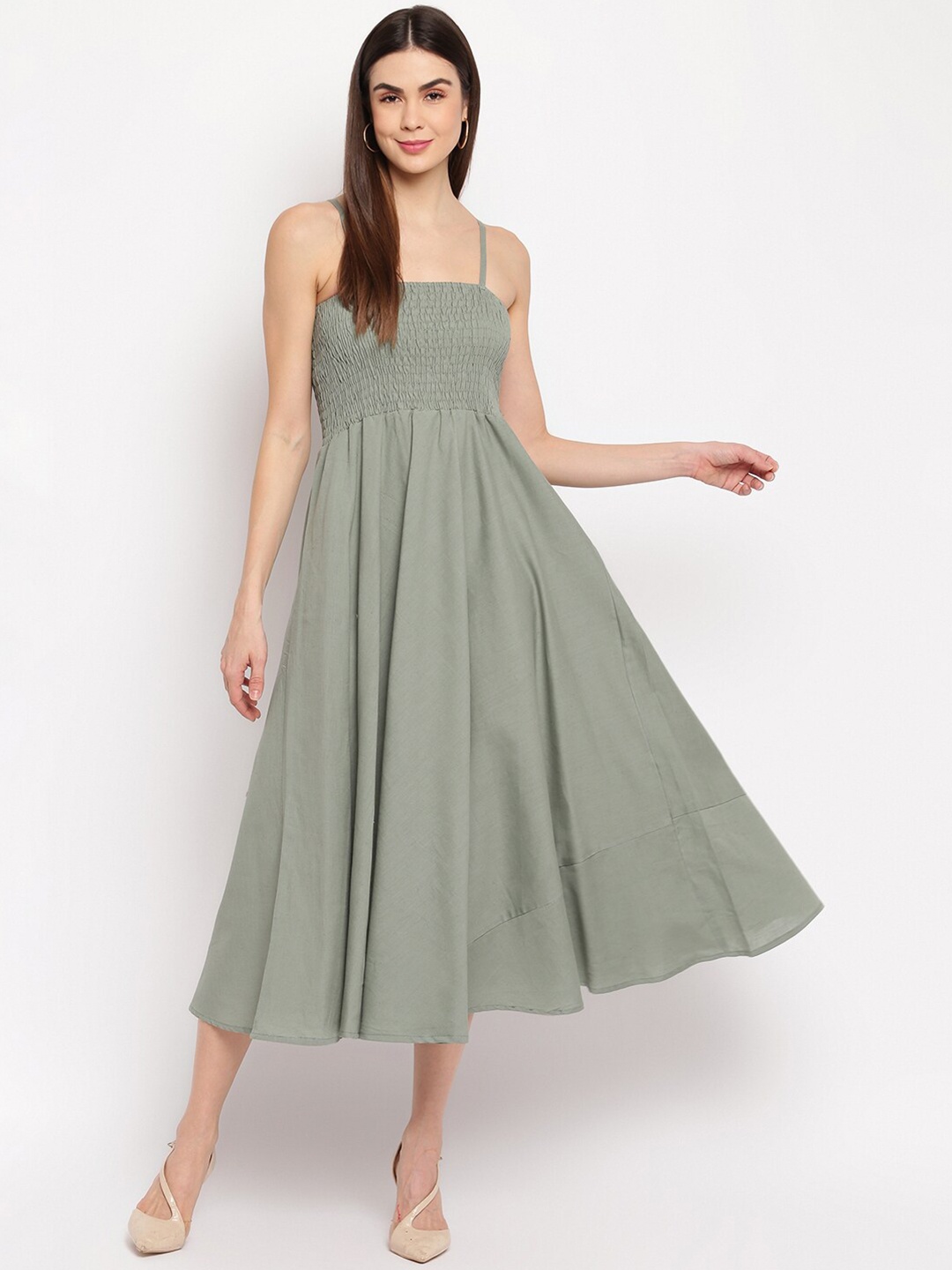 

Aawari Women Sea Green Shoulder Straps Fit and Flare Midi Dress