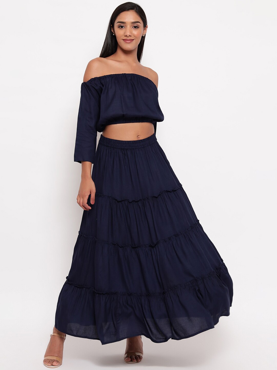 

Aawari Navy Blue Off-Shoulder Maxi Dress