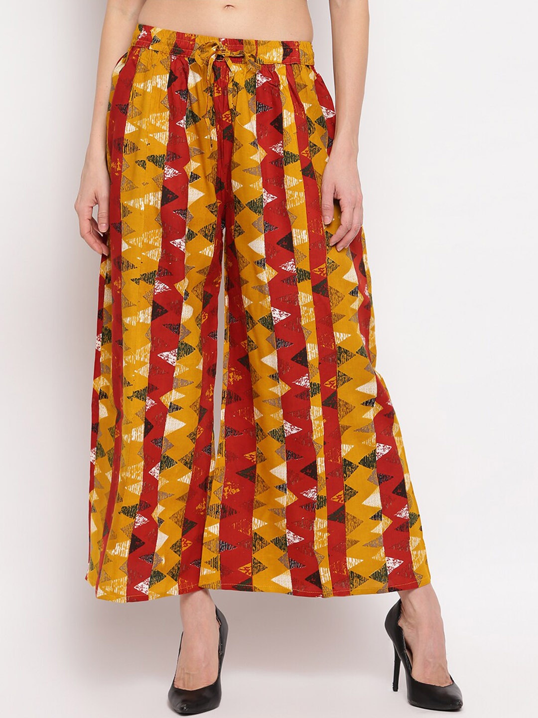 

Aawari Women Mustard Yellow & Red Printed Flared Cropped Palazzos