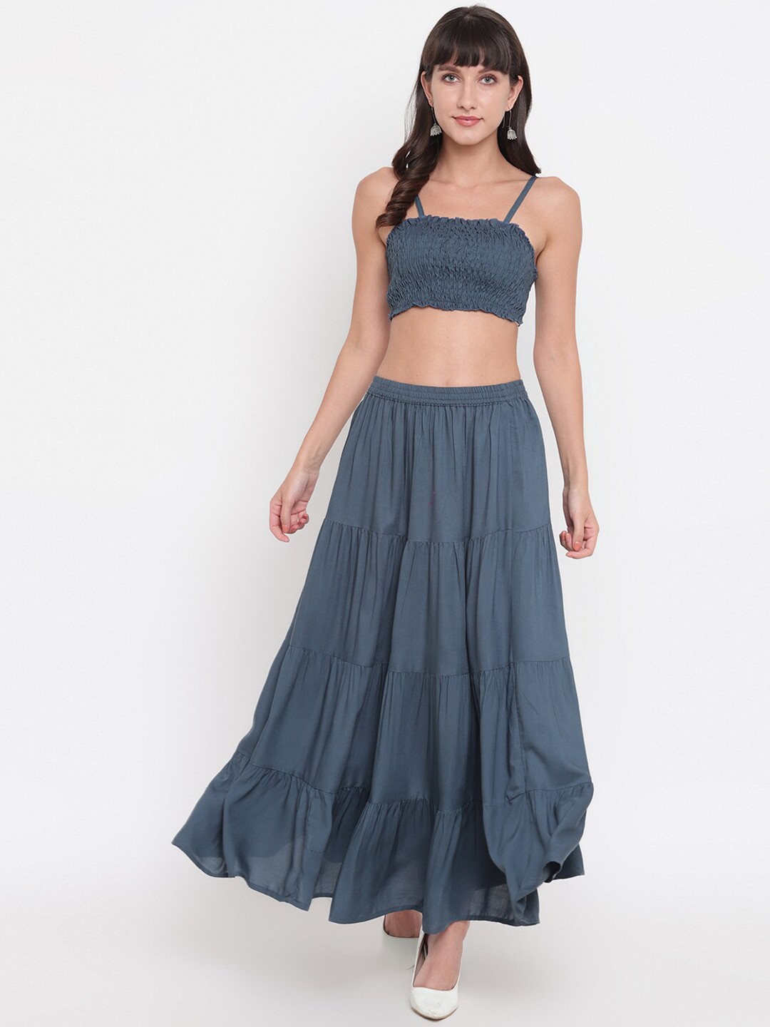 

Aawari Women Grey Solid Crop Top With Skirt