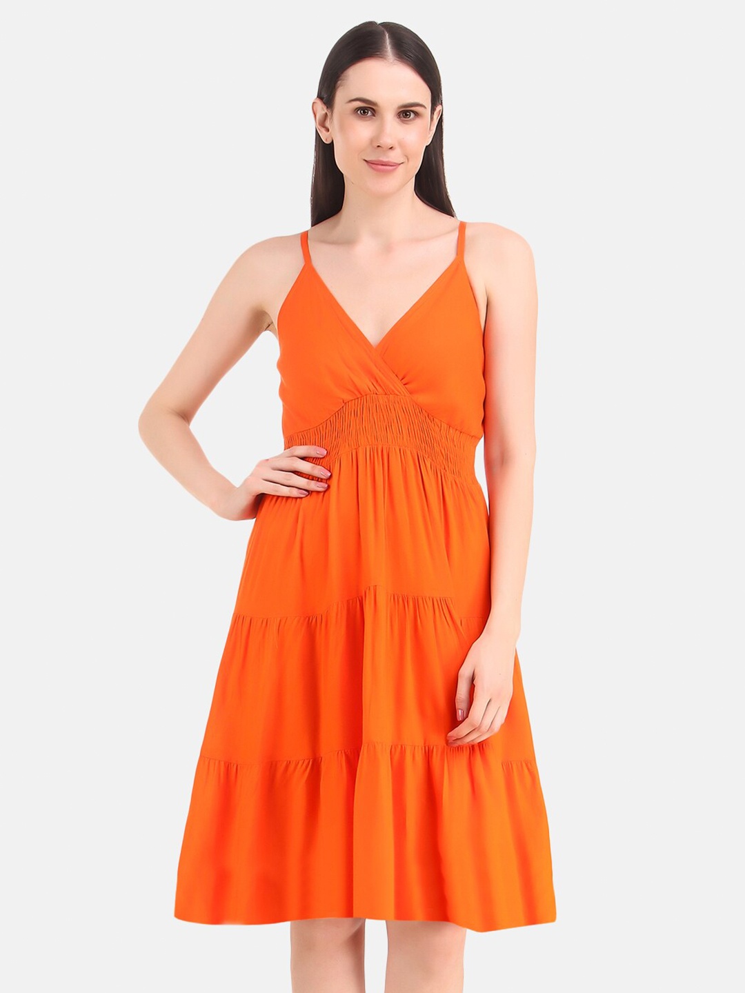 

Aawari Women Orange Solid Shoulder Straps Fit and Flare Party Dress