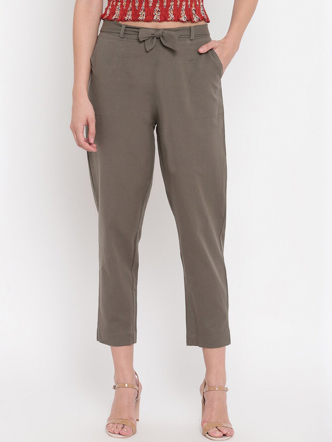 

Aawari Women Green Solid High-Rise Trousers