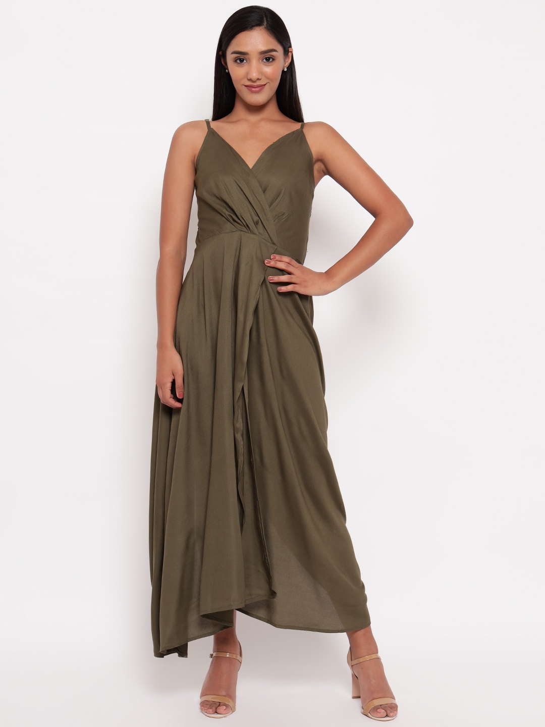 

Aawari Women Military Solid Shoulder Straps Maxi Flared Party Dress, Orange