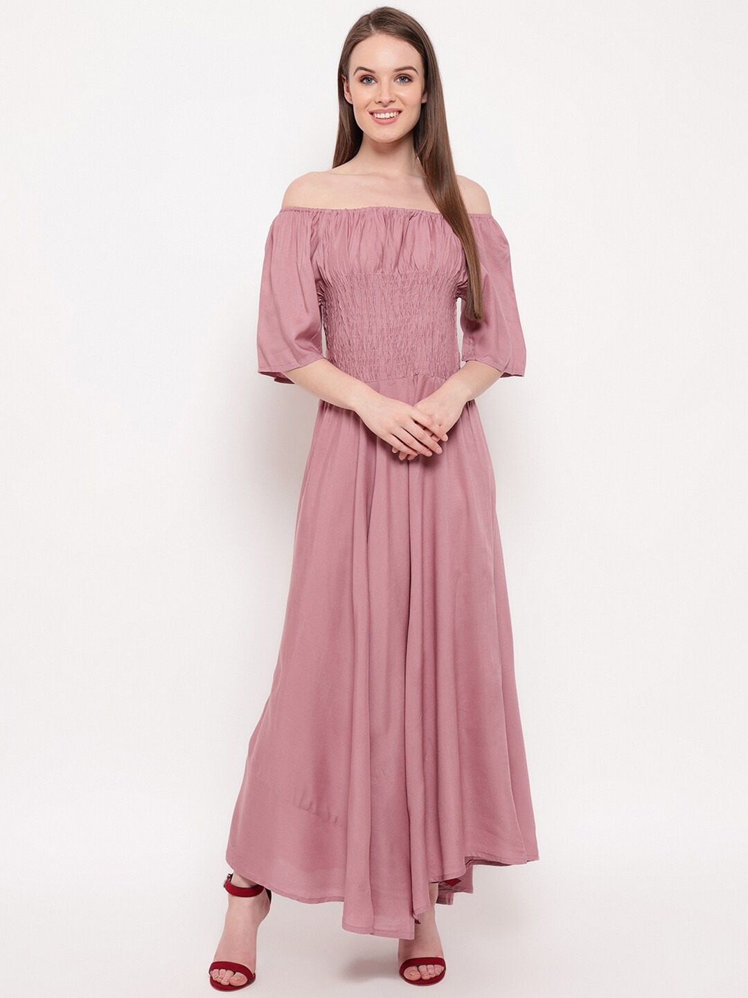 

Aawari Women Purple Solid Off-Shoulder Maxi Dress