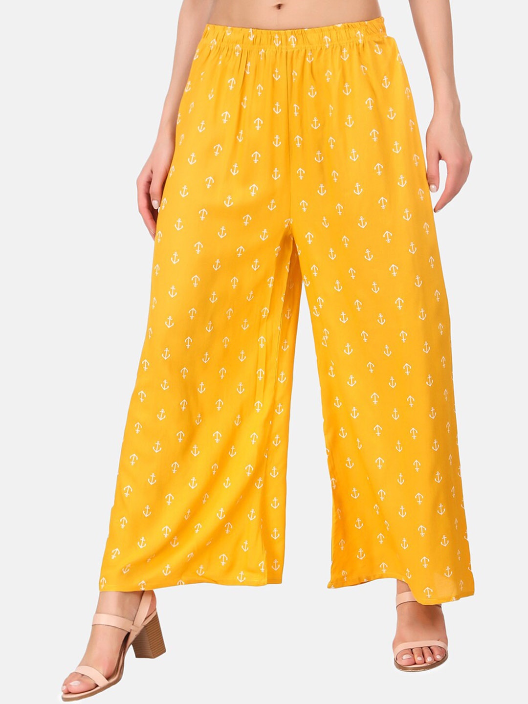

Aawari Women Mustard Yellow Ethnic Motifs Printed High-Rise Pleated Trousers