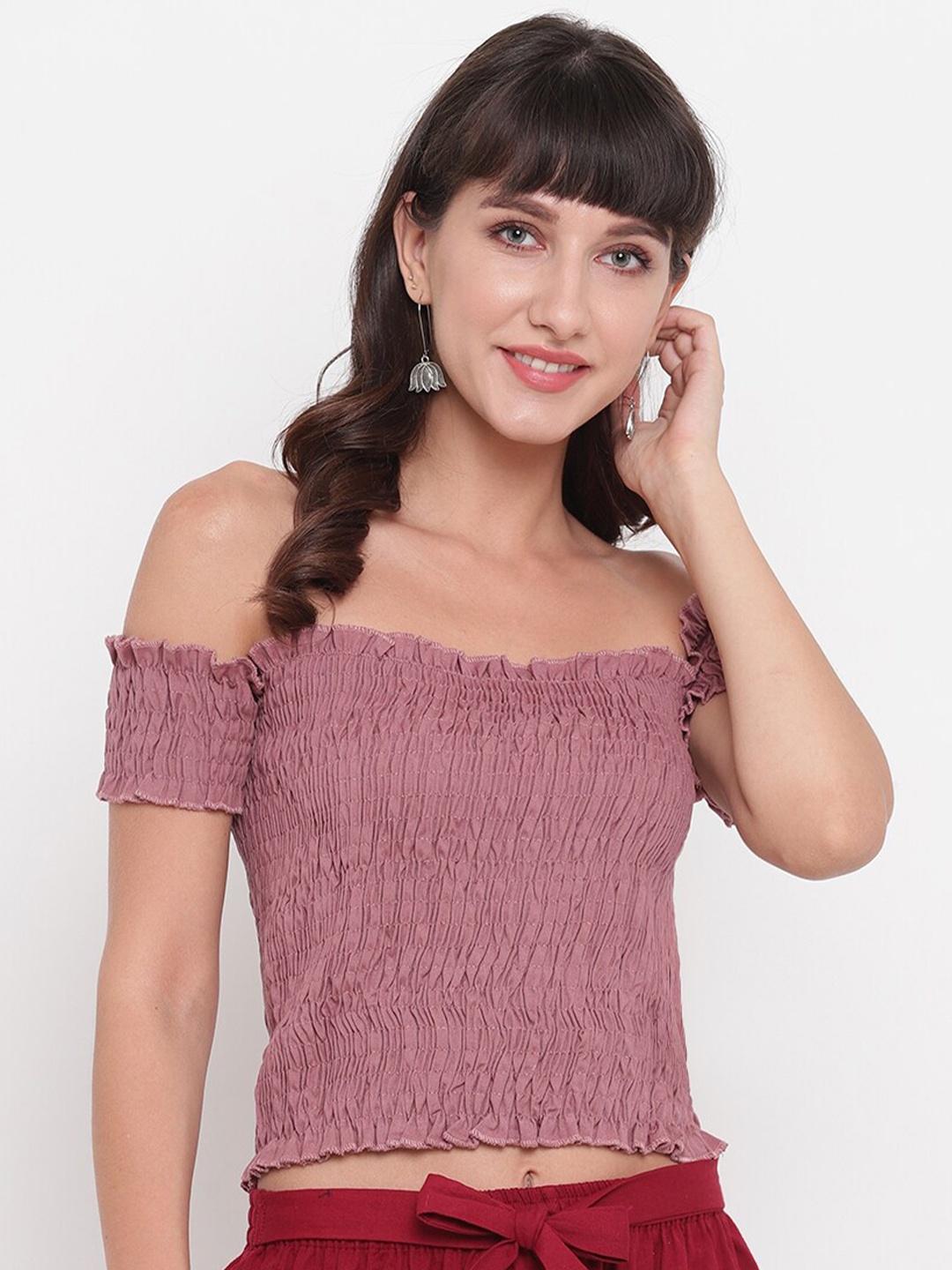 

Aawari Pink Off-Shoulder Smocked Bardot Crop Top